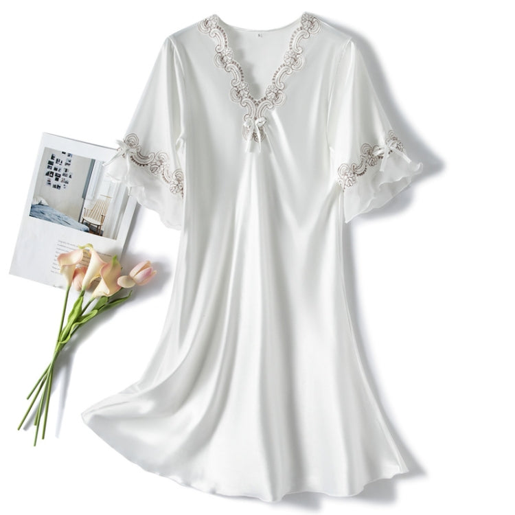 Scalloped Edge V-Neck Mid Sleeve Loose Women Nightdress, Size: