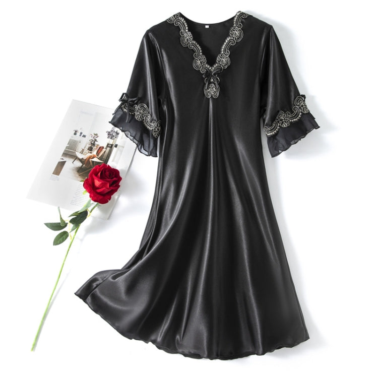 Scalloped Edge V-Neck Mid Sleeve Loose Women Nightdress, Size: