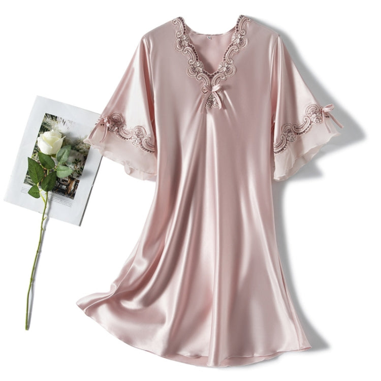 Scalloped Edge V-Neck Mid Sleeve Loose Women Nightdress, Size: