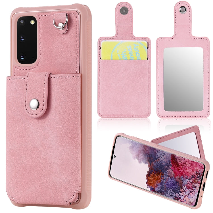 For Galaxy S20 Shockproof Protective Case with Mirror & Card Slot & Short Lanyard
