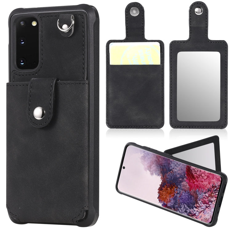 For Galaxy S20 Shockproof Protective Case with Mirror & Card Slot & Short Lanyard