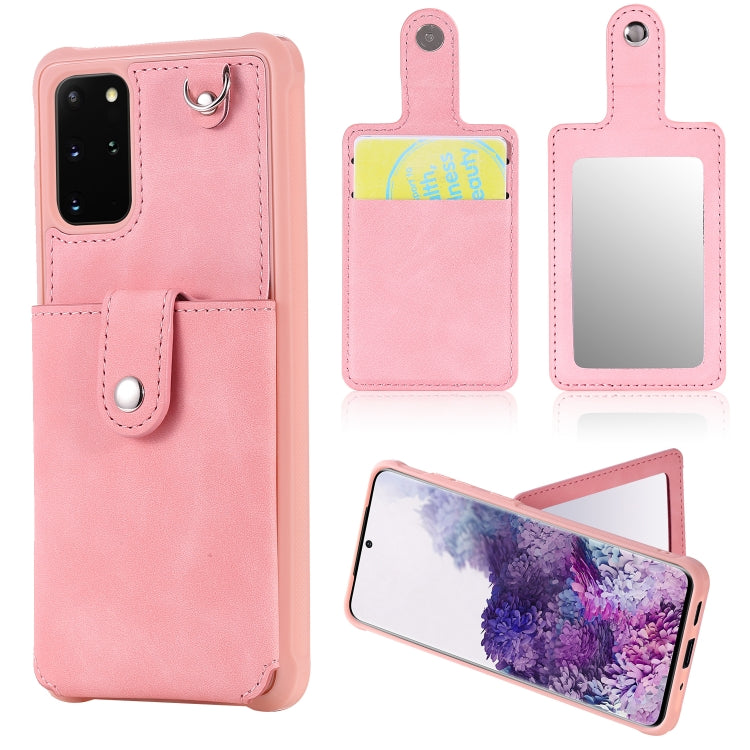 For Galaxy S20 Plus Shockproof Protective Case with Mirror & Card Slot & Short Lanyard