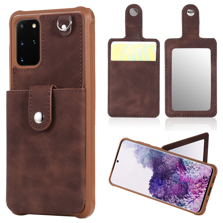 For Galaxy S20 Plus Shockproof Protective Case with Mirror & Card Slot & Short Lanyard