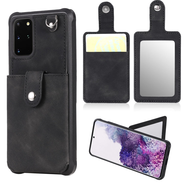 For Galaxy S20 Plus Shockproof Protective Case with Mirror & Card Slot & Short Lanyard