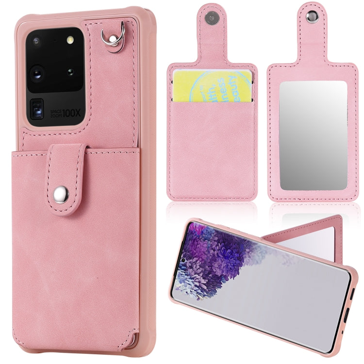For Galaxy S20 Ultra Shockproof Protective Case with Mirror & Card Slot & Short Lanyard