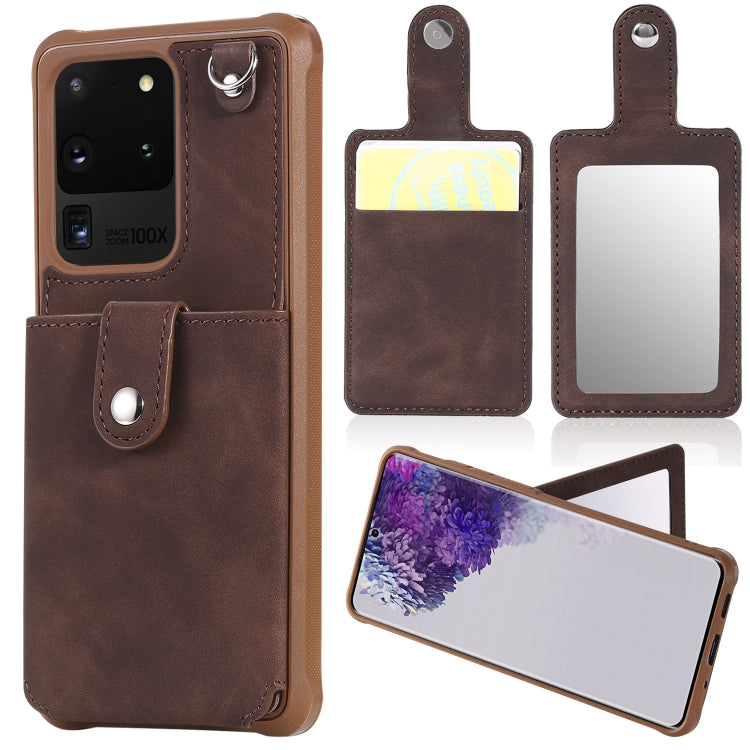 For Galaxy S20 Ultra Shockproof Protective Case with Mirror & Card Slot & Short Lanyard