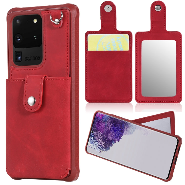 For Galaxy S20 Ultra Shockproof Protective Case with Mirror & Card Slot & Short Lanyard