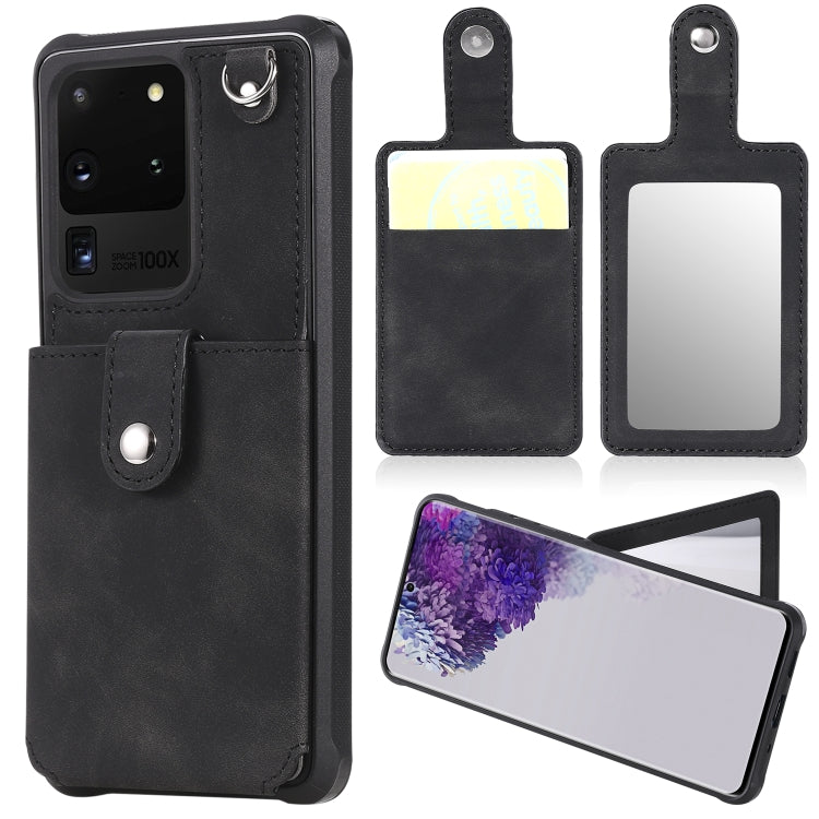 For Galaxy S20 Ultra Shockproof Protective Case with Mirror & Card Slot & Short Lanyard