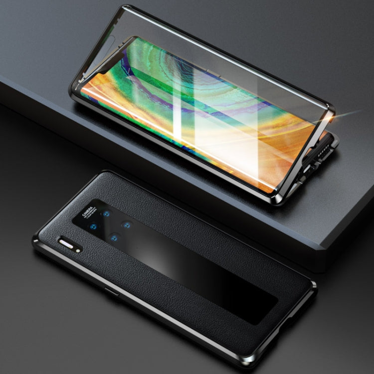 For Huawei Mate 30 Pro Shockproof Magnetic Attraction Metal Frame + Leather Backboard + Tempered Glass Case