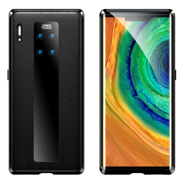 For Huawei Mate 30 Pro Shockproof Magnetic Attraction Metal Frame + Leather Backboard + Tempered Glass Case
