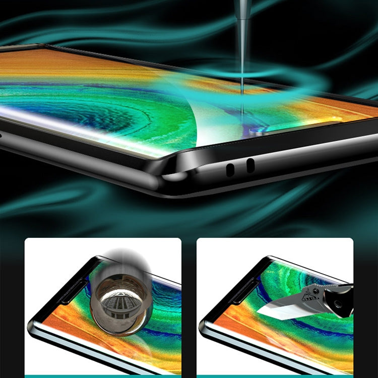 For Huawei Mate 30 Pro Shockproof Magnetic Attraction Metal Frame + Leather Backboard + Tempered Glass Case
