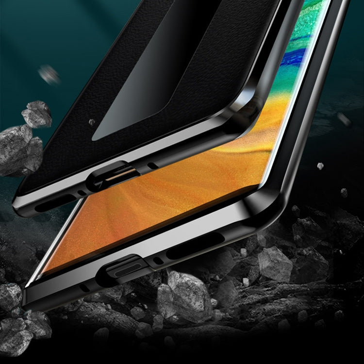 For Huawei Mate 30 Pro Shockproof Magnetic Attraction Metal Frame + Leather Backboard + Tempered Glass Case