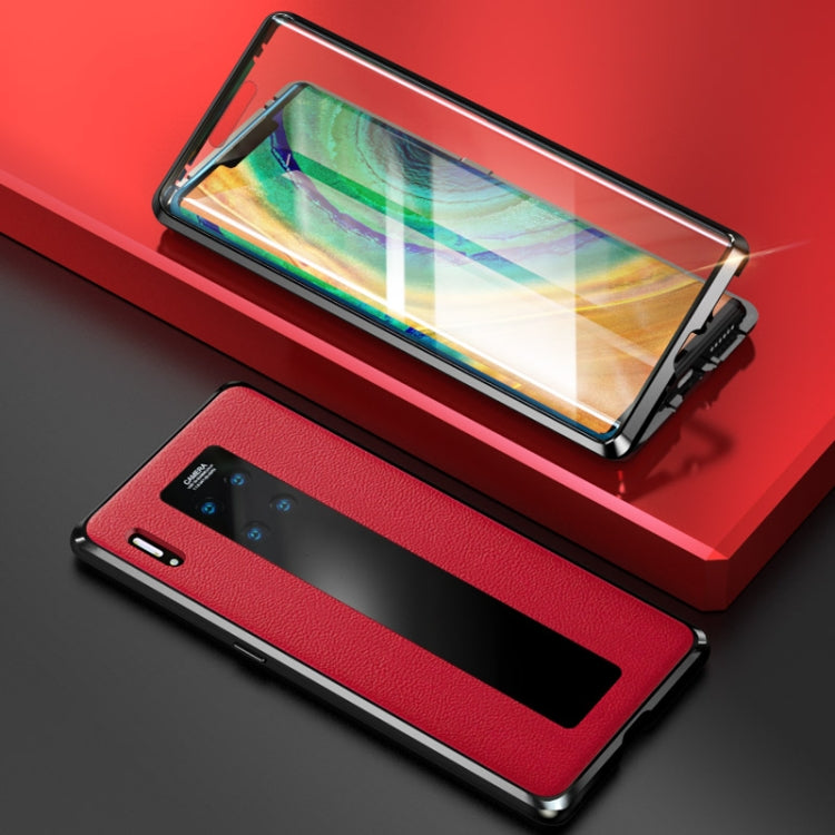 For Huawei Mate 30 Pro Shockproof Magnetic Attraction Metal Frame + Leather Backboard + Tempered Glass Case