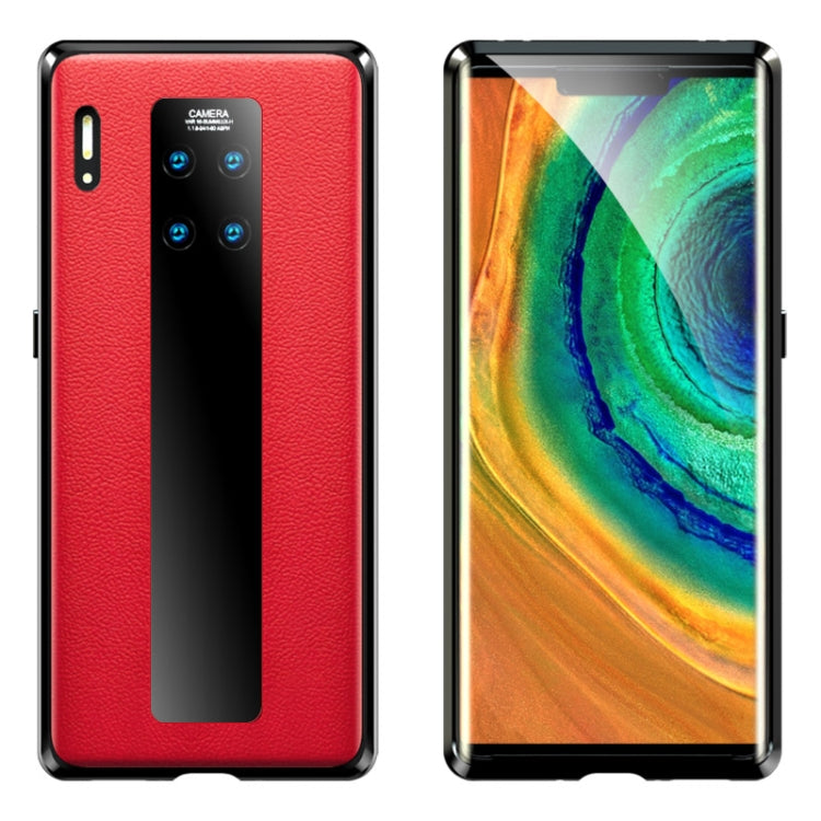 For Huawei Mate 30 Pro Shockproof Magnetic Attraction Metal Frame + Leather Backboard + Tempered Glass Case