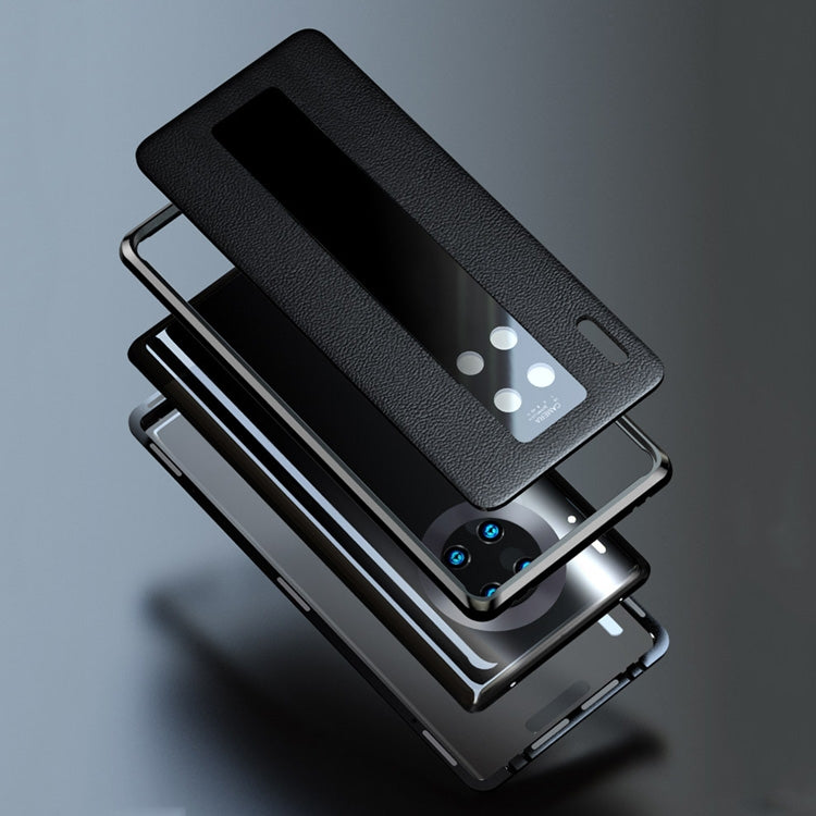 For Huawei Mate 30 Pro Shockproof Magnetic Attraction Metal Frame + Leather Backboard + Tempered Glass Case