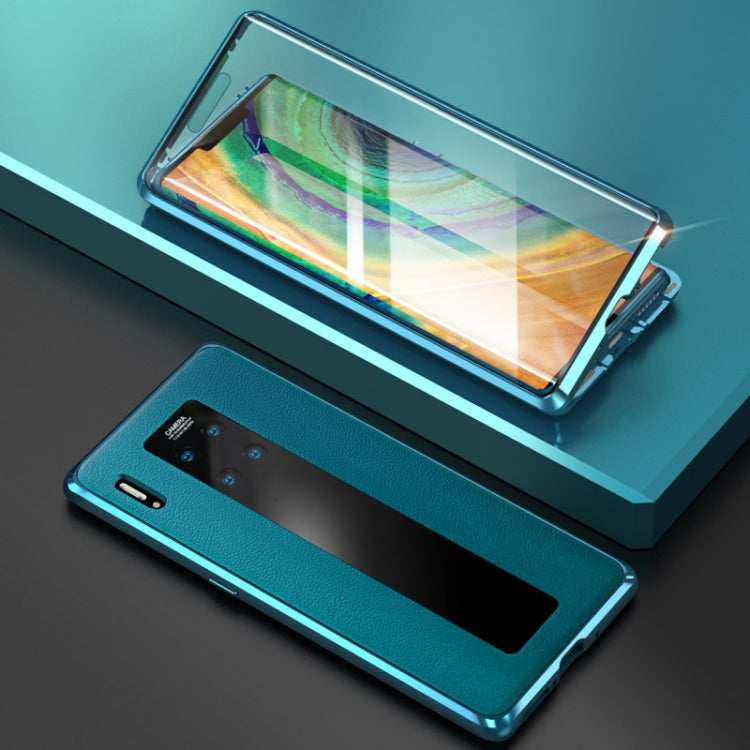 For Huawei Mate 30 Pro Shockproof Magnetic Attraction Metal Frame + Leather Backboard + Tempered Glass Case