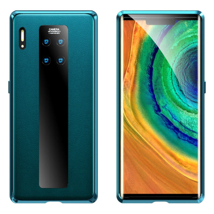 For Huawei Mate 30 Pro Shockproof Magnetic Attraction Metal Frame + Leather Backboard + Tempered Glass Case