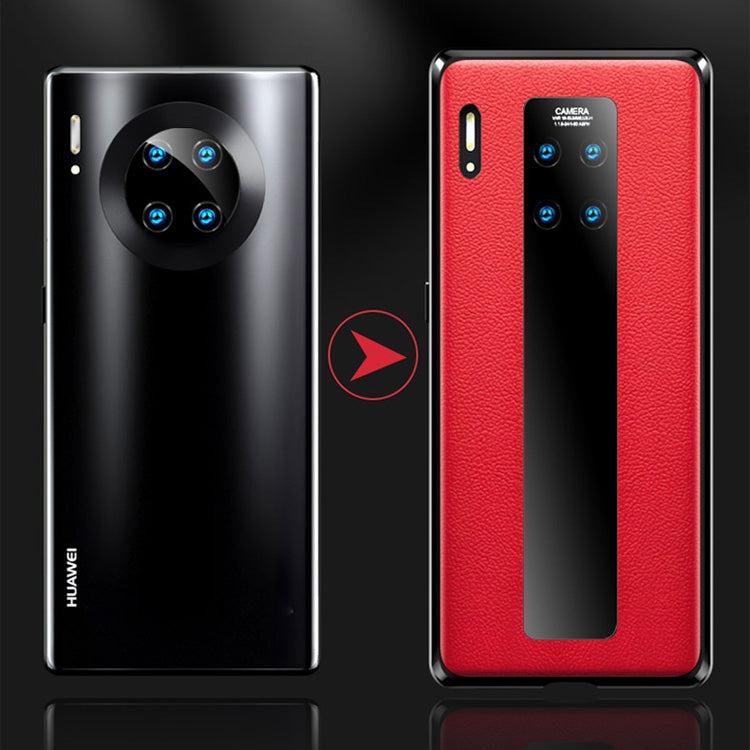 For Huawei Mate 30 Pro Shockproof Magnetic Attraction Metal Frame + Leather Backboard + Tempered Glass Case