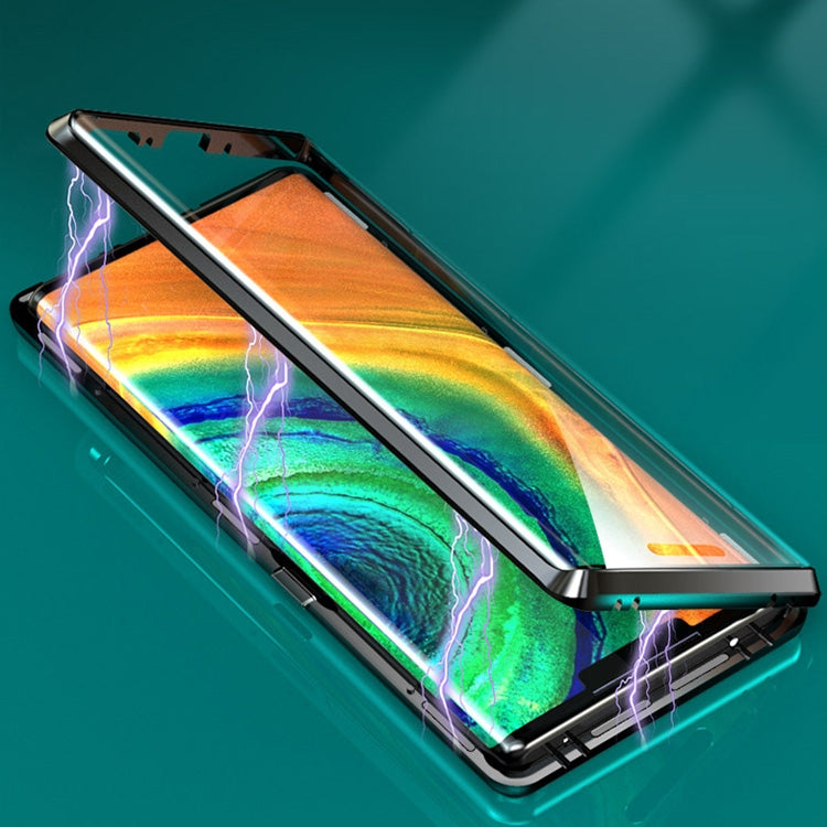 For Huawei Mate 30 Pro Shockproof Magnetic Attraction Metal Frame + Leather Backboard + Tempered Glass Case