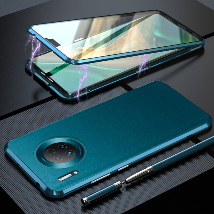For Huawei Mate 30 Shockproof Magnetic Attraction Leather Backboard + Tempered Glass Case(Cyan-blue)