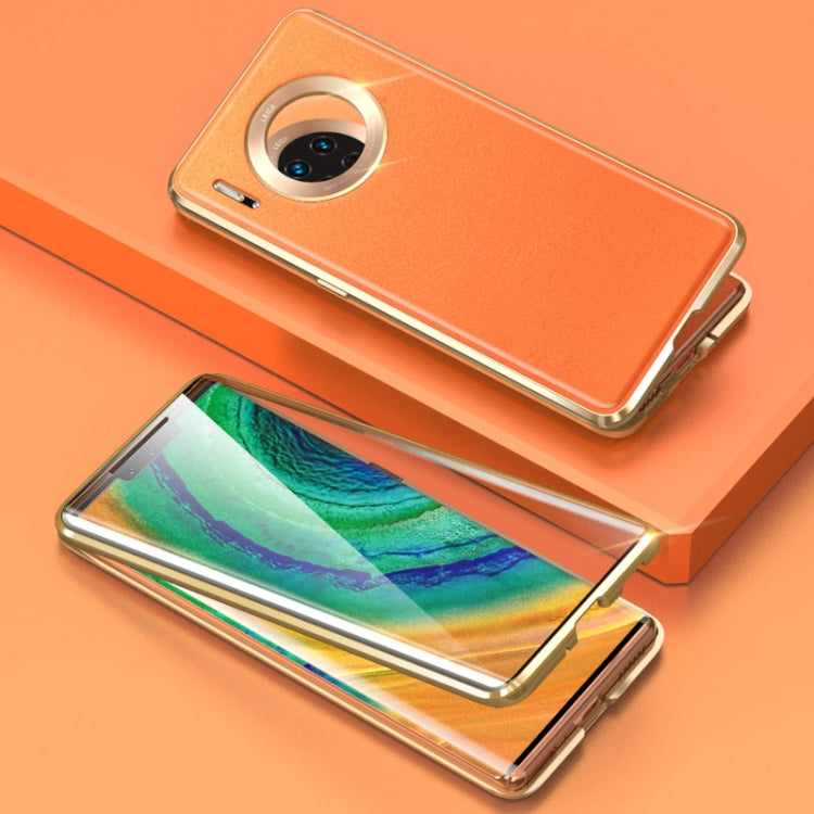 For Huawei Mate 30 Pro Shockproof Magnetic Attraction Leather Backboard + Tempered Glass Case(Orange)