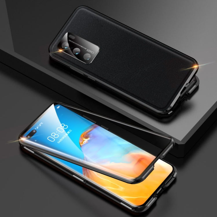 For Huawei P40 Shockproof Magnetic Attraction Leather Backboard + Tempered Glass Case with Camera Lens Protector Cover