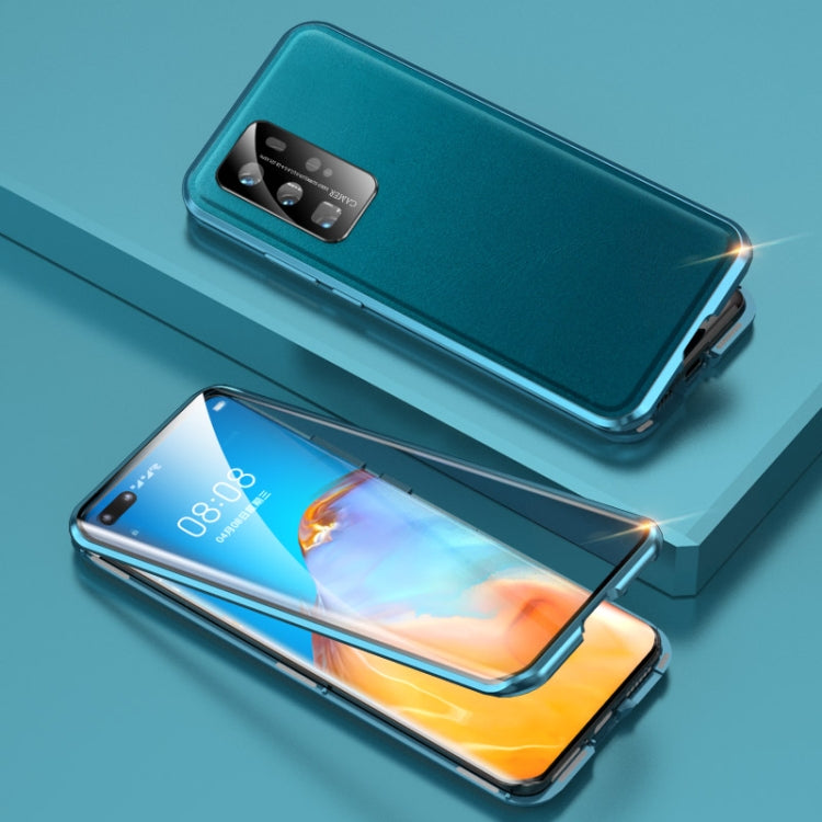 For Huawei P40 Pro Shockproof Magnetic Attraction Leather Backboard + Tempered Glass Case with Camera Lens Protector Cover(Cyan-blue)