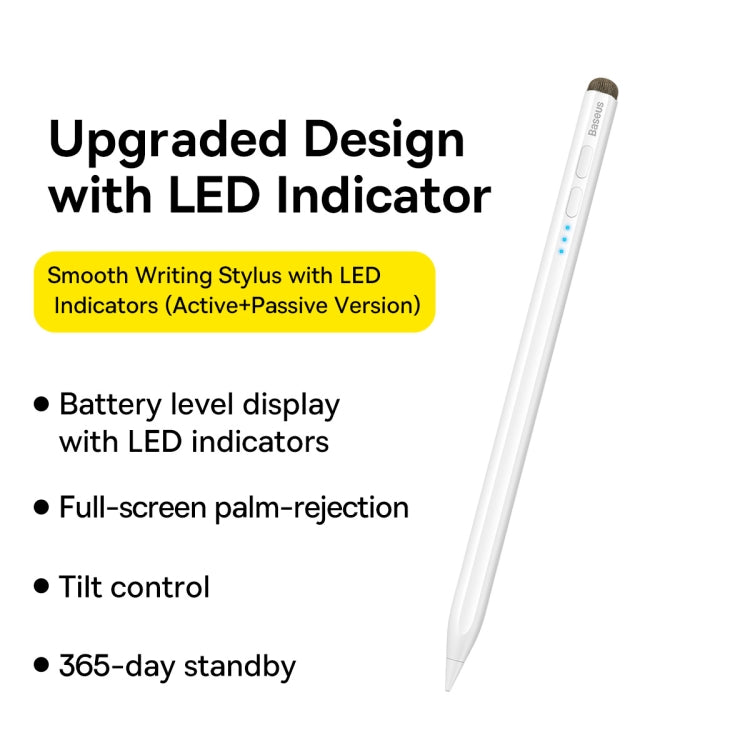 Baseus SXBC040002 LED Indicators Smooth Capacitive Writing Stylus, Active + Passive Version(White)