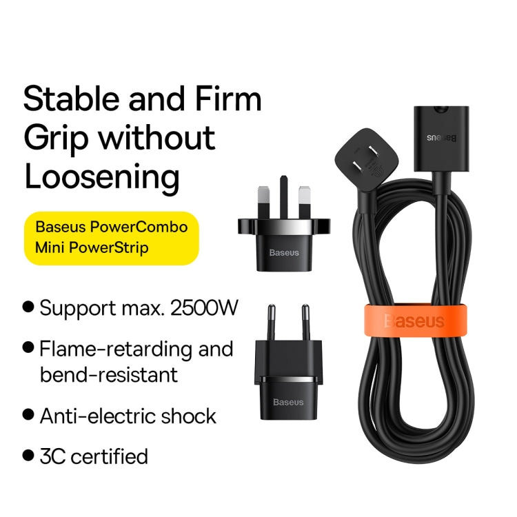 Baseus PSMN000201 Mini Travel Power Strip 1AC 1m Cable US Plug, with EU and UK Converter(Black)
