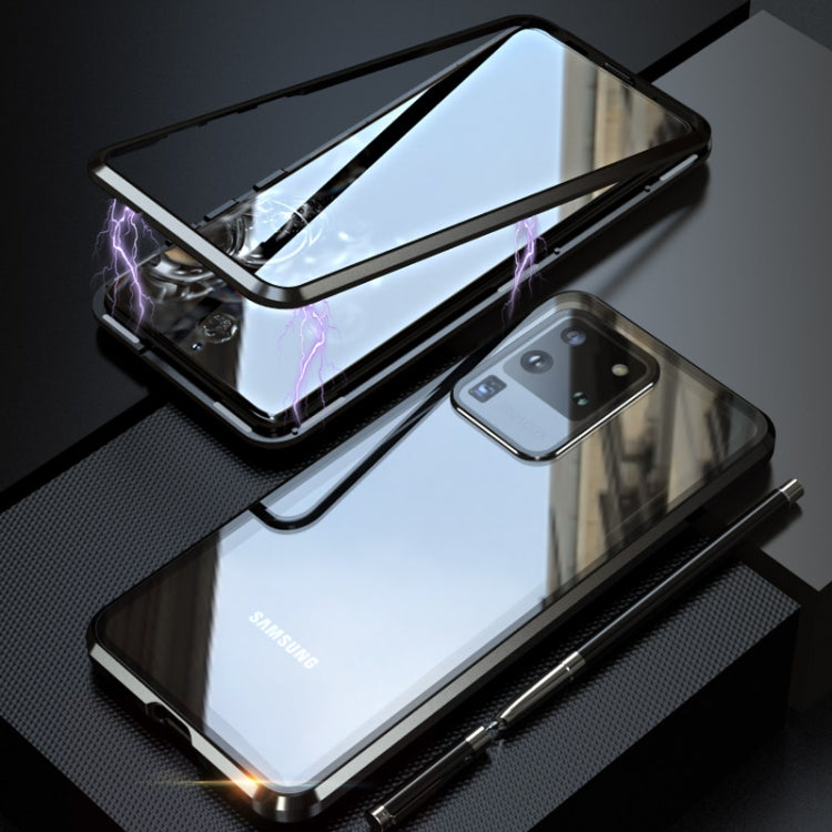 For Galaxy S20 Ultra Shockproof Single-sided Tempered Glass Magnetic Attraction Case with Black Camera Lens Protector Cover
