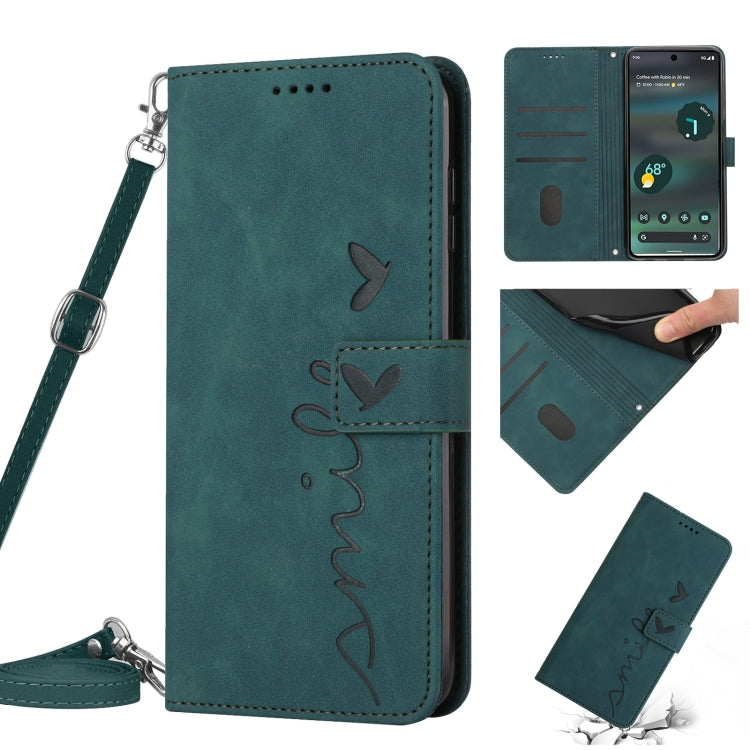 For Google Pixel 6a Skin Feel Heart Pattern Leather Phone Case With Lanyard