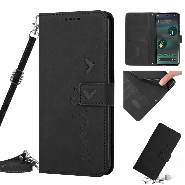 For Google Pixel 6a Skin Feel Heart Pattern Leather Phone Case With Lanyard