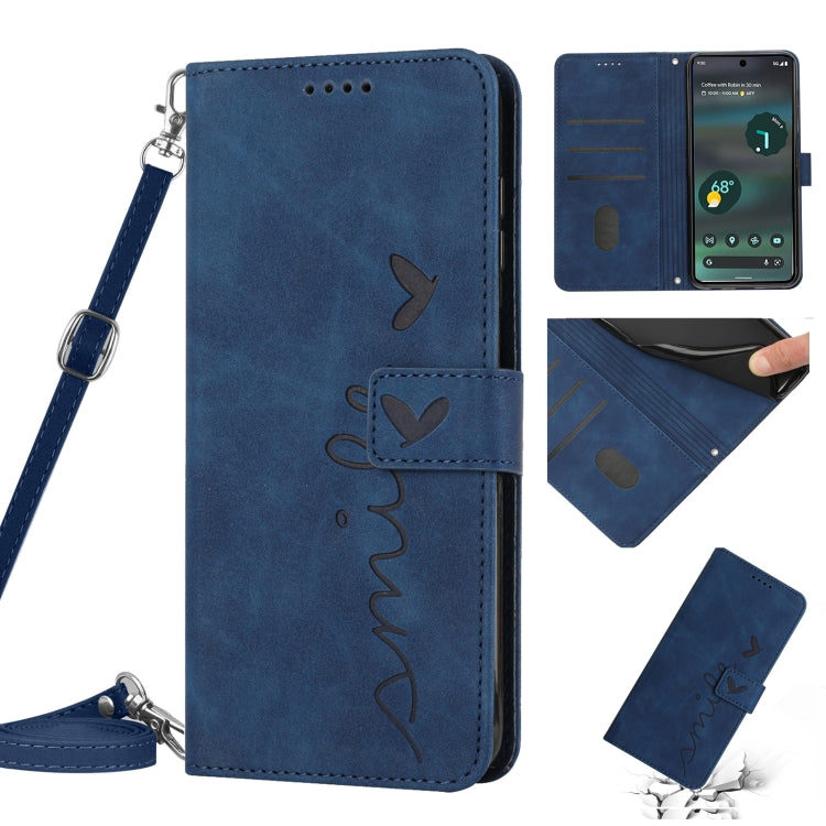 For Google Pixel 6a Skin Feel Heart Pattern Leather Phone Case With Lanyard