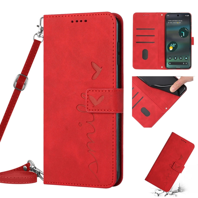 For Google Pixel 6a Skin Feel Heart Pattern Leather Phone Case With Lanyard