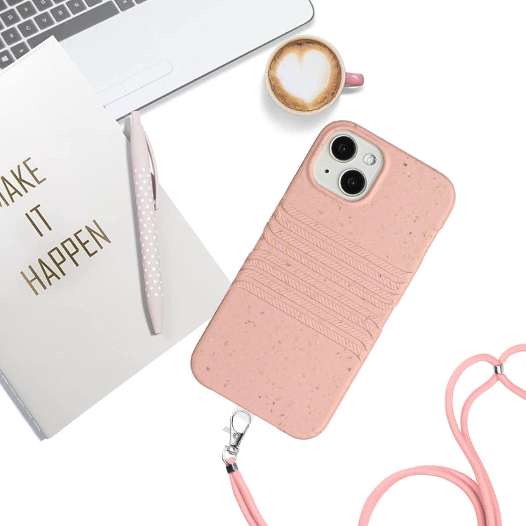 For iPhone 14 Plus Wheat Straw Material Degradable TPU Phone Case with Lanyard