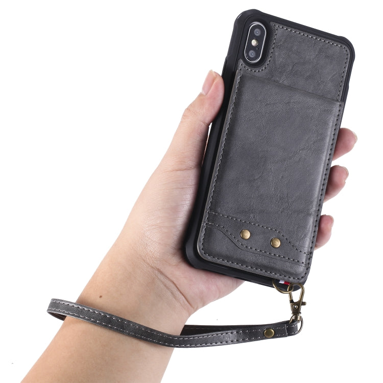 For iPhone XS Max Vertical Flip Shockproof Leather Protective Case with Long Rope, Support Card Slots & Bracket & Photo Holder & Wallet Function