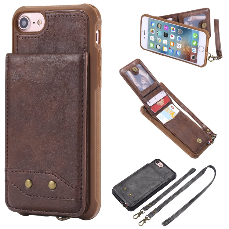 For iPhone SE 2022 / SE 2020 / 8 / 7 Vertical Flip Shockproof Leather Protective Case with Long Rope, Support Card Slots & Bracket & Photo Holder & Wallet Function