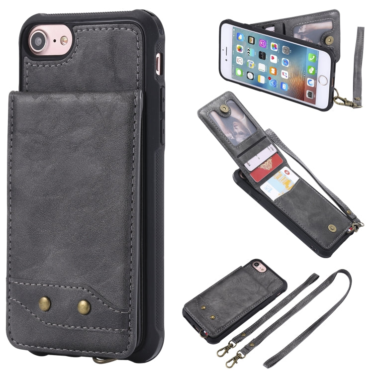 For iPhone SE 2022 / SE 2020 / 8 / 7 Vertical Flip Shockproof Leather Protective Case with Long Rope, Support Card Slots & Bracket & Photo Holder & Wallet Function