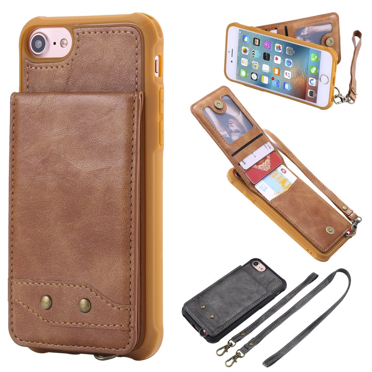 For iPhone SE 2022 / SE 2020 / 8 / 7 Vertical Flip Shockproof Leather Protective Case with Long Rope, Support Card Slots & Bracket & Photo Holder & Wallet Function