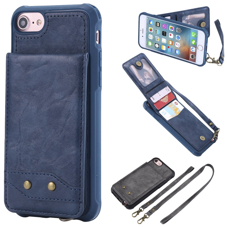 For iPhone SE 2022 / SE 2020 / 8 / 7 Vertical Flip Shockproof Leather Protective Case with Long Rope, Support Card Slots & Bracket & Photo Holder & Wallet Function