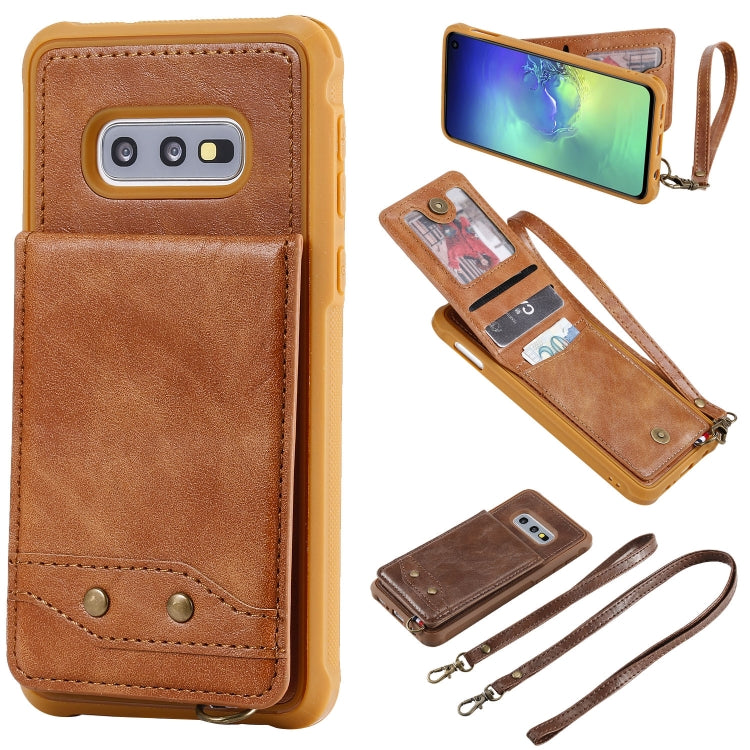 For Galaxy S10e Vertical Flip Shockproof Leather Protective Case with Long Rope, Support Card Slots & Bracket & Photo Holder & Wallet Function