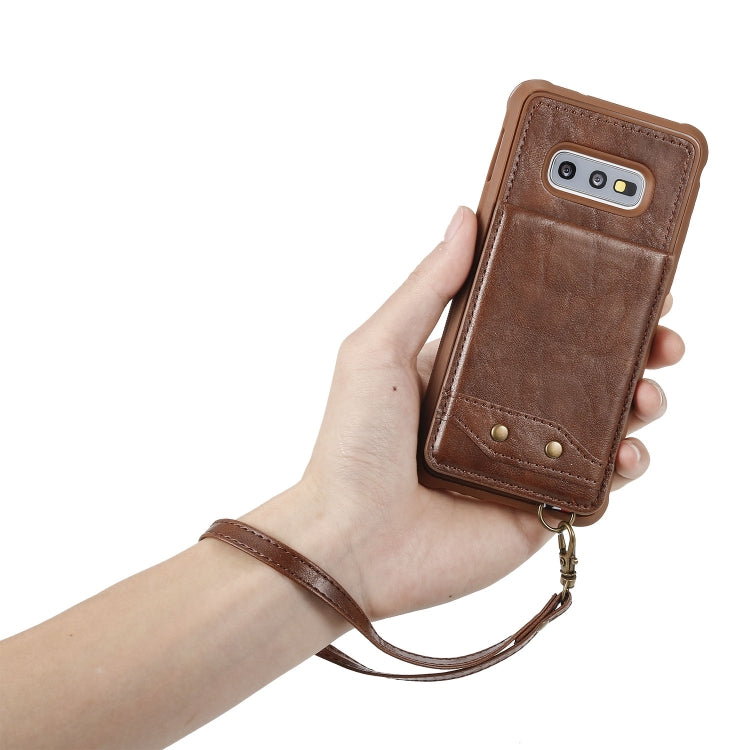For Galaxy S10e Vertical Flip Shockproof Leather Protective Case with Long Rope, Support Card Slots & Bracket & Photo Holder & Wallet Function