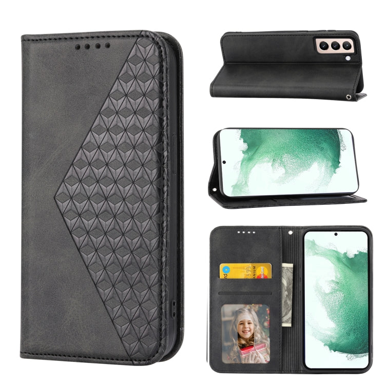 For Samsung Galaxy S22 5G Cubic Grid Calf Texture Magnetic Closure Leather Phone Case