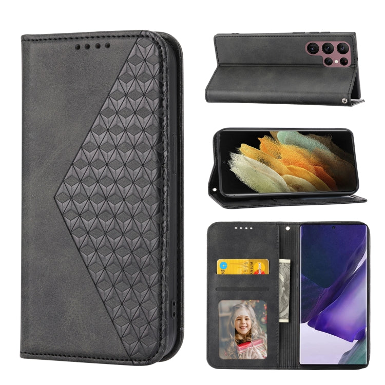 For Samsung Galaxy S22 Ultra 5G Cubic Grid Calf Texture Magnetic Closure Leather Phone Case