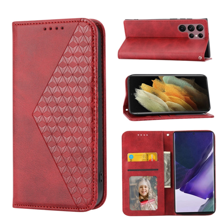 For Samsung Galaxy S22 Ultra 5G Cubic Grid Calf Texture Magnetic Closure Leather Phone Case