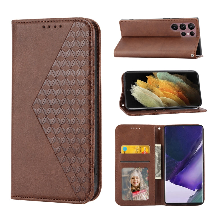 For Samsung Galaxy S22 Ultra 5G Cubic Grid Calf Texture Magnetic Closure Leather Phone Case