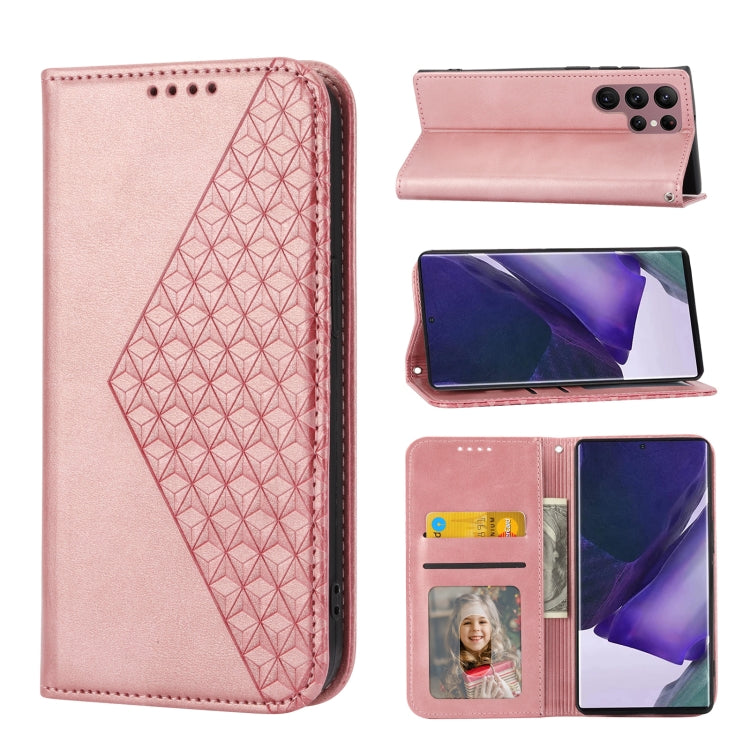 For Samsung Galaxy S22 Ultra 5G Cubic Grid Calf Texture Magnetic Closure Leather Phone Case