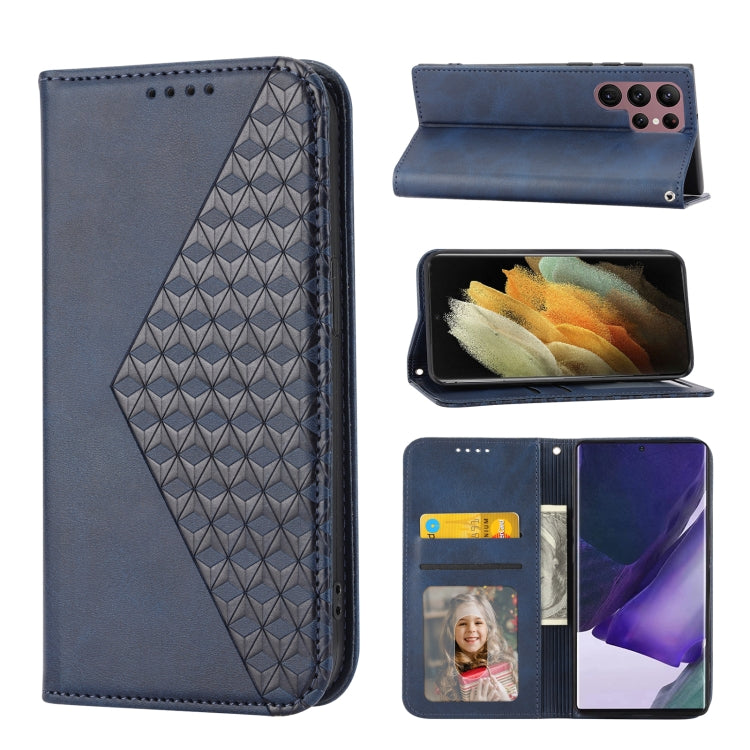 For Samsung Galaxy S22 Ultra 5G Cubic Grid Calf Texture Magnetic Closure Leather Phone Case