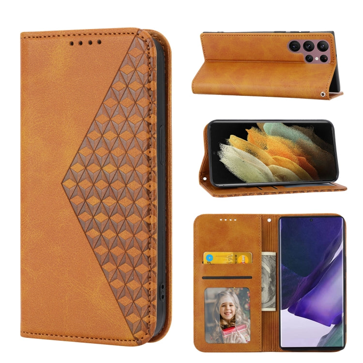 For Samsung Galaxy S22 Ultra 5G Cubic Grid Calf Texture Magnetic Closure Leather Phone Case