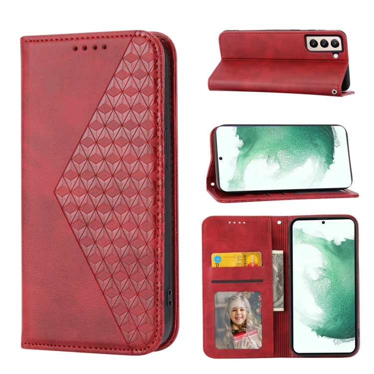 For Samsung Galaxy S21 5G Cubic Grid Calf Texture Magnetic Closure Leather Phone Case